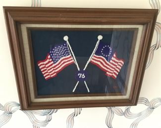 Embroidered American Flags   Framed 17x13