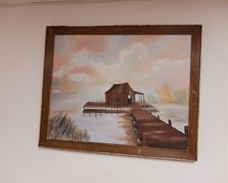 Original painting of a dock and Boathouse