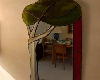 Stained glass and wood mirror