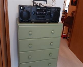 Five drawer painted dresser and boombox