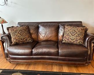 3 cushion leather sofa with nailhead trim