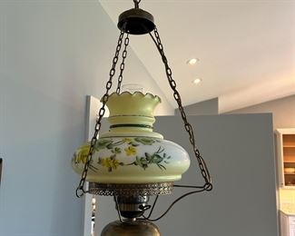 Vintage Hand Painted Glass Hurricane Hanging Lamp
