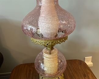 Pink crackle glass hurricane lamp