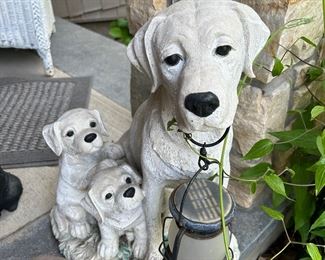 Dog garden statue with puppies and lantern