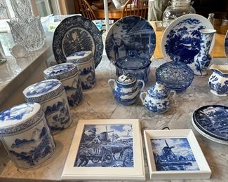 Porcelain Canton Blue lidded canisters , blue Fostoria candy dish, Liberty Blue Independence Hall plate, Delft tiles…