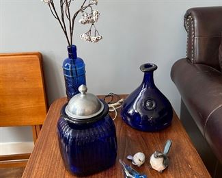 Vintage Large Kastrup Holmegaard Cobalt Blue Viking Glass Carafe By Ole Winther, Cobalt Blue Glass Ribbed Apothecary Jar/ Canister Pewter lid