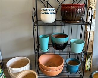 Black 3 Tier Gothic Baker Rack with Metal Wire Shelves and assorted clay pots, Padre Island cotton rope hammock…