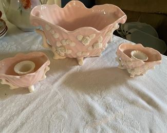 Jeanette Shell Pink Glass Console with Pair of Candle Holders