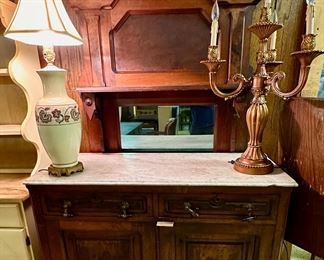 Walnut server.  Mirrored back is sitting behind the base and when attached sits six inches higher.