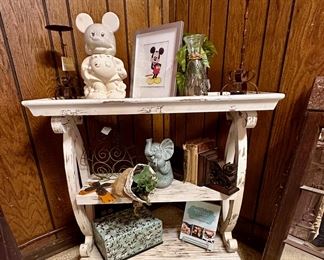 Farm-white table with collectables.