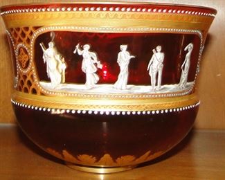 Ruby Glass Bowl decorated with figures gold and white $200 possibly Moser glass