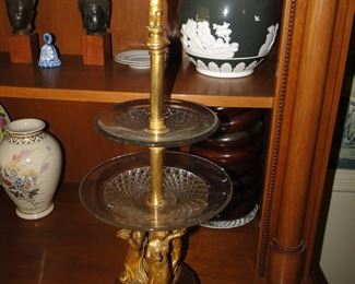 Empire Gilt Bronze 2-Tier Epergne with Three Graces at base, glass dishes, 23" high signed Thomire Paris $2000