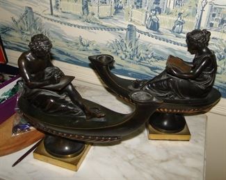 Pair of French Bronze Oil lamps, Surmounted with classical figures reading, after Simon-Louis Boizot 15x12" ask for pricing