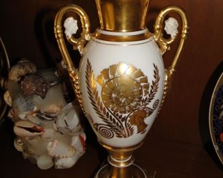 French Porcelain Urn Old Paris Pattern Two handles gold and white $75