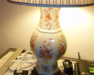 Pair of Oriental white and rust colored jar lamps with silk shades $200 for pair