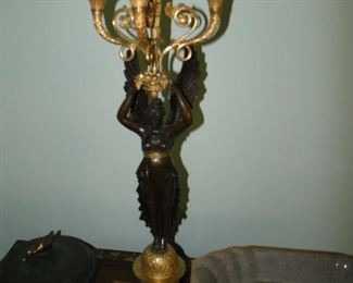 Pair Empire Bronze and gilt bronze 4 light candelabra, winged female figure holding basket of fruit $3000 pair