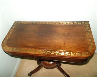 Pair of 19th Century English Regency Rosewood Pedestal Card Tables with Ormolu leaf shaped border 36x18x28 $3000 pair