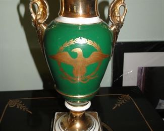 Pair of French Porcelain Jar Lamps Green with gold painted eagles and silk shades $500 for pair