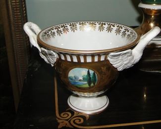 Dresden Swan handled scenic bowl $300