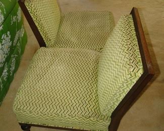Pair of upholstered side chairs with fruitwood frames green/yellow mid century fabric $800 for pair