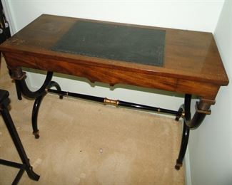 Mahogany Rectangular Writing Table fitted with one drawer, Black leather writing surface, curved ebonized legs and stretcher 42x18x29 1/2" $750