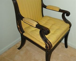 Empire style black and gold lacquered arm chair with yellow fabric $200