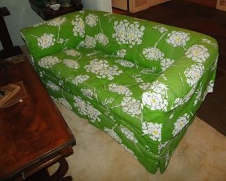 Green and White tufted loveseats Marimekko style $1000 for pair