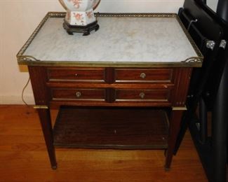 Pair of French Provincial Style Mahogany ormolu bound 2 drawer end tables with marble top $600 pair