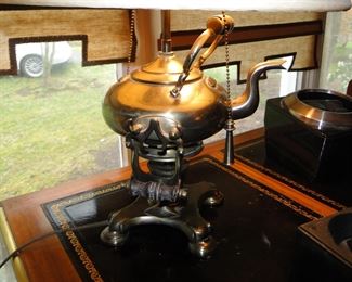 Table Lamp converted from brass tea kettle on stand $100