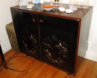 Pair of Oriental Cabinets Rosewood black lacquer doors with scenic Mother of Pearl inlay (cabinets are different on the inside)$2500