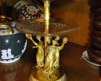 Empire gilt bronze two-tier epergne with three graces at base glass dishes 23" tall signed Thomire Paris $2500