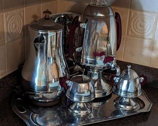 Art Deco Chrome and Red Bakelite  Coffee and Tea Set