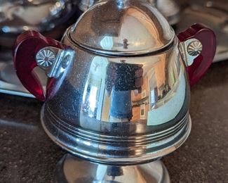 Art Deco Chrome and Red Bakelite  Coffee and Tea Set