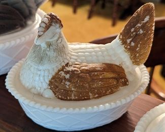 Vintage John E. Kemple Painted Milk Glass Hen on Nest
