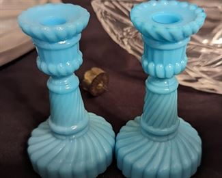 Blue Opaline Glass Candlesticks 