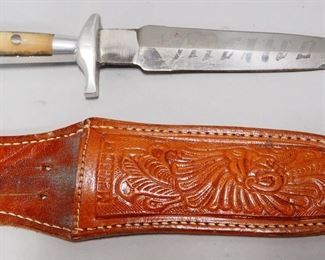 Dagger With Eagle Pommel, Blade Is Embossed On Both Sides, 5.5" Blade, In Tooled Leather Sheath