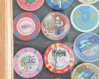 Vintage Vegas Poker chips, single and one set framed