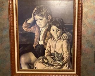 W4 - $20. Children with Cat framed print. Measures 27" x 33". 