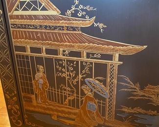 F47 - $400. Lacquered Asian Art Liquor Cabinet. Measures 18.5" x 41" wide x 29.5" tall. 