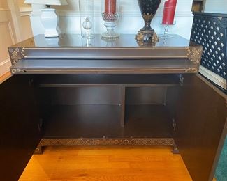 F47 - $400. Lacquered Asian Art Liquor Cabinet. Measures 18.5" x 41" wide x 29.5" tall. 