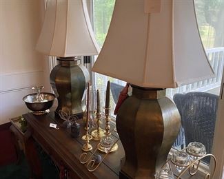 F49 - $60 PAIR of brass lamps with shades. 