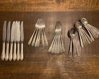 S1 - $1125. Small Set of Monogrammed "L" S. Kirk Sterling. 6 Knives. 4 soup spoons. 12 teaspoons. 6 Salad forks. 6 dinner forks1050 grams + 3 oz for knives.  4 Serving pieces 274 grams. 