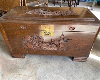CCM3 - $350. Carved Asian Trunk (Camphor Wood?) Very good vintage condition - trunk is empty but come prepared to pick the lock! All sides are hand carved, including the "handles". 