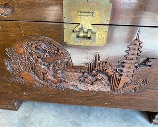 CCM3 - $350. Carved Asian Trunk (Camphor Wood?) Very good vintage condition - trunk is empty but come prepared to pick the lock! All sides are hand carved, including the "handles". 