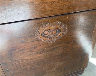 CCM3 - $350. Carved Asian Trunk (Camphor Wood?) Very good vintage condition - trunk is empty but come prepared to pick the lock! All sides are hand carved, including the "handles". 