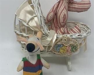 Lot 48 | MAIZY DOLL, STUFFED RABBIT & WICKER CRADLE

