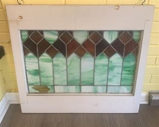 Lot 59 | WHITE WOODEN STAINED SLAG GLASS WINDOW AS IS
