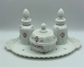 Lot 207 | WESTMORELAND MILK GLASS DRESSER SET ROSE BOWS
