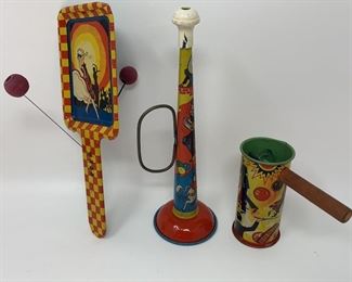 Lot 412 | VINTAGE US METAL TOY PADDLE, HORN & TWIST NOISEMAKERS
