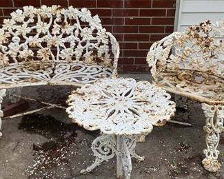 Lot 569 | VTG CAST IRON GARDEN SETTEE, CHAIR & TABLE
